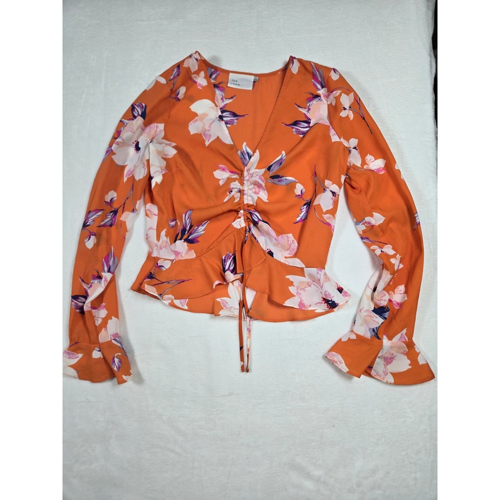The Room Orange Floral Ruched Front Long BellSleeve Peplum Blouse Fairy S